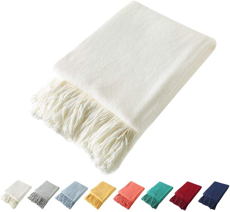 Homiest Decorative Knitted Throw with Fringe Lightweight Acrylic Knit Blanket Soft  Cozy Tassel Blanket for Couch Sofa Bed Ivory White 60 x 80 Inch