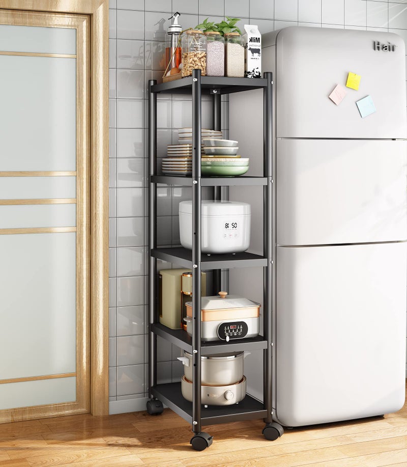 SAYZH Shelving Unit 5 Tier Standing Heavy Duty Metal Shelving Unit Rack Multifunctional Narrow Storage Trolley with Wheels and Antislip Feet for Garage kitchen Office Bookroom Corner Black