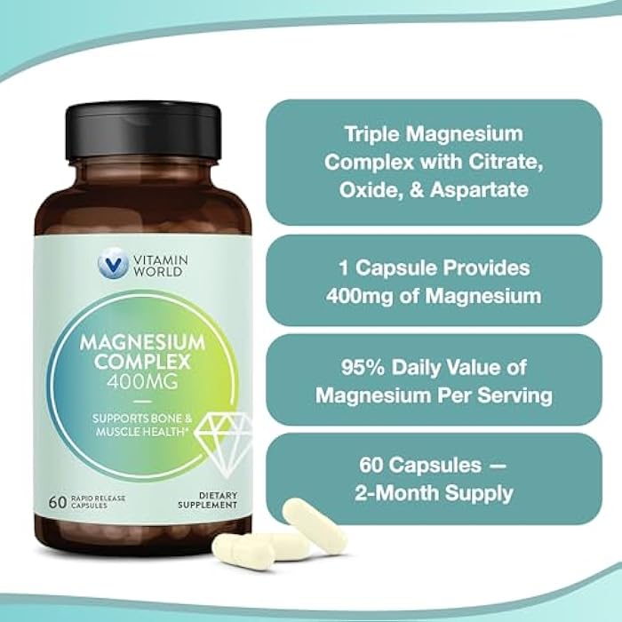 Vitamin World Magnesium Complex, 400mg of Magnesium Citrate, Oxide & Aspartate for Bone, Muscle & Nerve Support, Optimal Absorption 3-in-1 Magnesium Supplement, 60 Capsules - Image 5