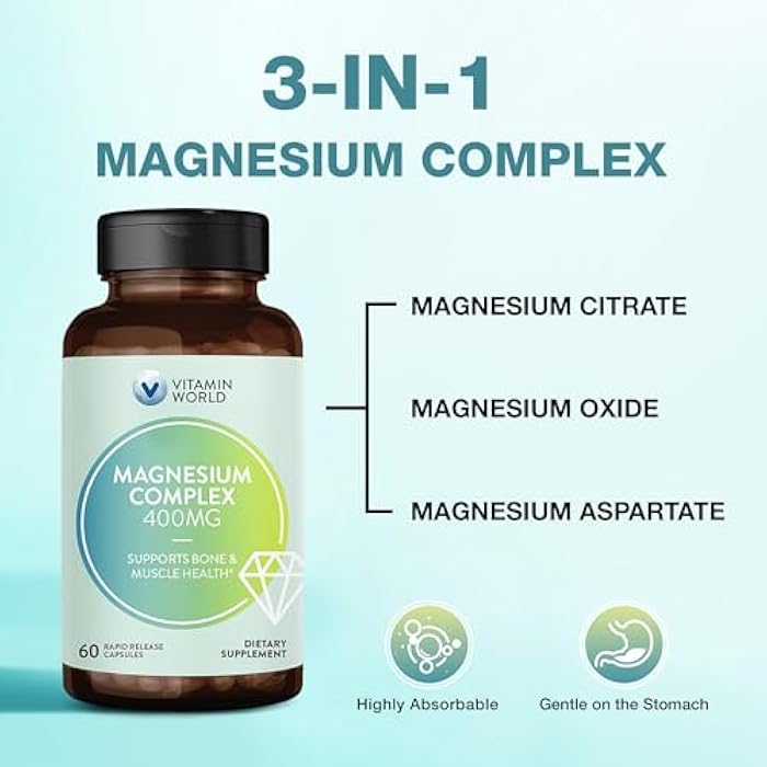 Vitamin World Magnesium Complex, 400mg of Magnesium Citrate, Oxide & Aspartate for Bone, Muscle & Nerve Support, Optimal Absorption 3-in-1 Magnesium Supplement, 60 Capsules - Image 3