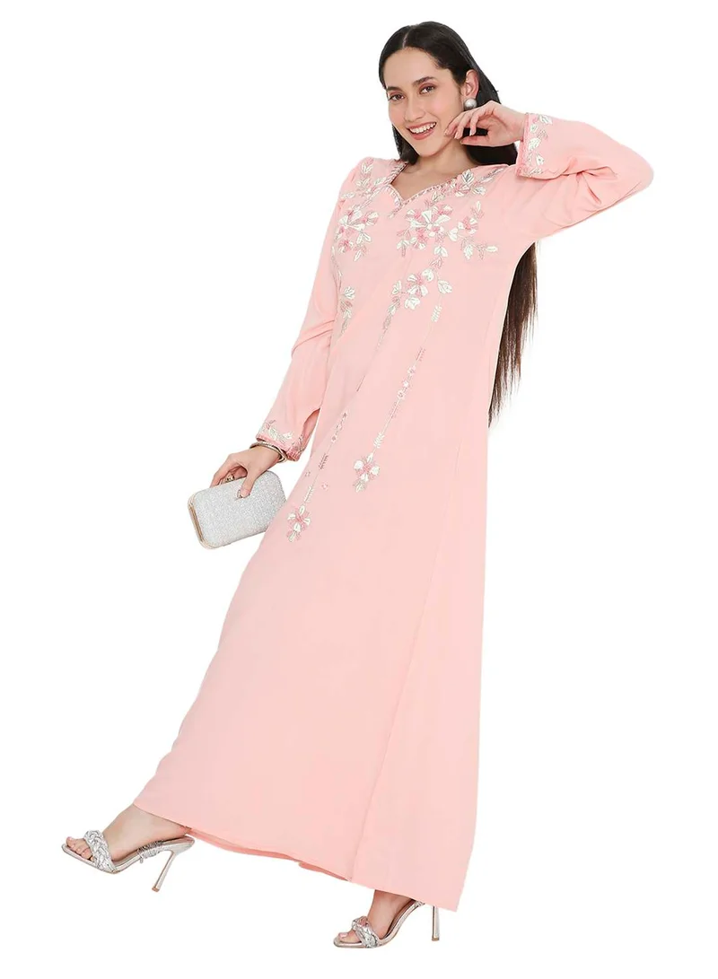 HANA & SARA SOLID PASTEL PEACH COLOUR LONG VISCOSE WITH MULTICOLOUR EMBROIDERED MODEST ARABIC KAFTAN JALABIYA DRESSES