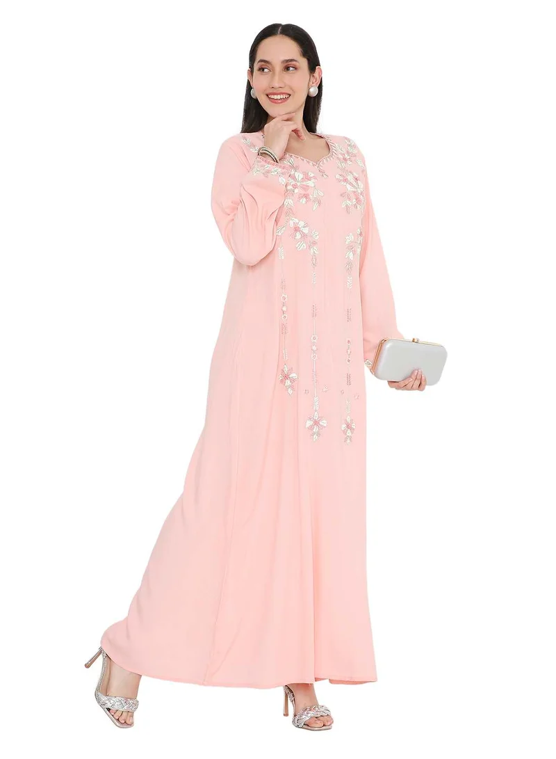 HANA & SARA SOLID PASTEL PEACH COLOUR LONG VISCOSE WITH MULTICOLOUR EMBROIDERED MODEST ARABIC KAFTAN JALABIYA DRESSES