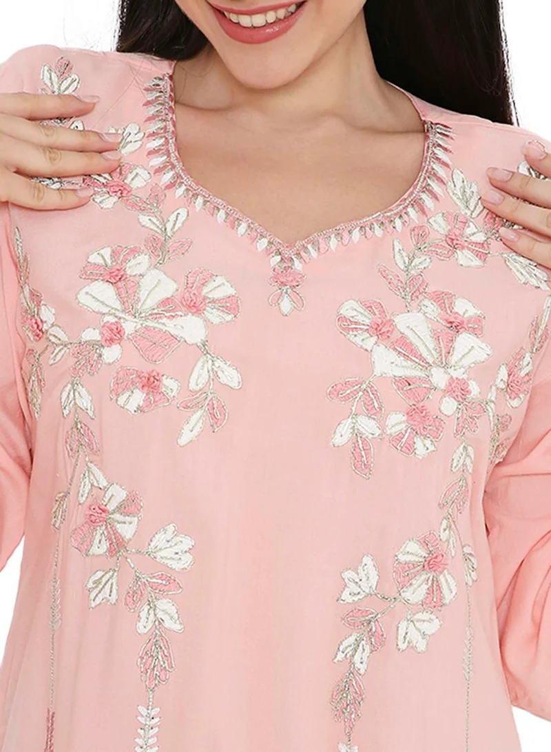 HANA & SARA SOLID PASTEL PEACH COLOUR LONG VISCOSE WITH MULTICOLOUR EMBROIDERED MODEST ARABIC KAFTAN JALABIYA DRESSES