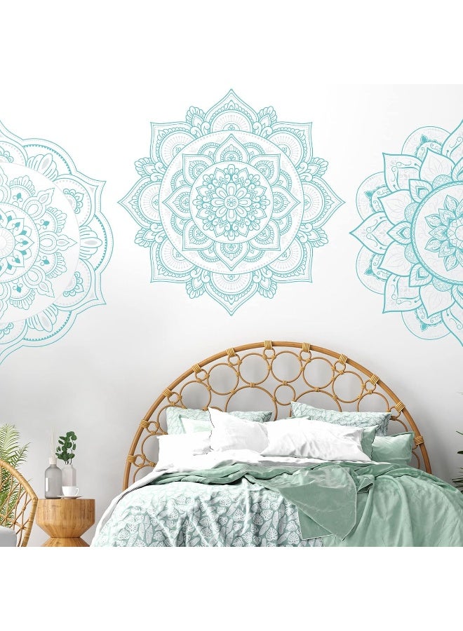 Home Trove 4 Pcs Half Mandala Wall Decal Boho Mandala Wall Sticker Hippie Mandala Vinyl Wall Decals Flower Wall Stickers Headboard Wall Decoration Indian Namaste Flower for Bedroom Living Room Yoga (Blue Green)  - Image 1