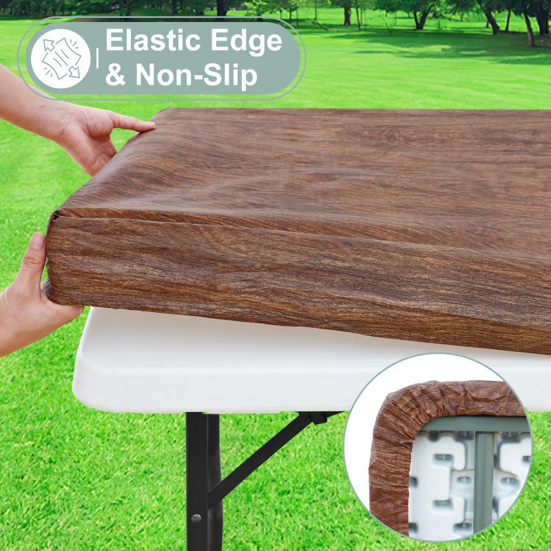 misaya Rectangle Vinyl Tablecloth, Fitted Table Cover, Waterproof, Elastic Edge, Plastic Table Cloth Fit 6 Foot Folding Tables for Picnic, Indoor and Outdoor (Oak Wooden Grain, 30 x 72 inch) - Image 2