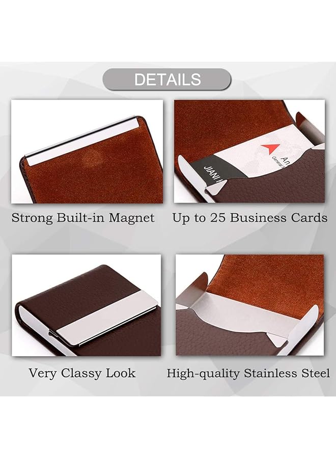 X spring Business Card Holder Professional Pu Leather Magnetic Business Card Holder Metal Business Card Case Pocket Business Card Holder Wallet Blocking Name With Magnetic Clasp Brown - Image 3