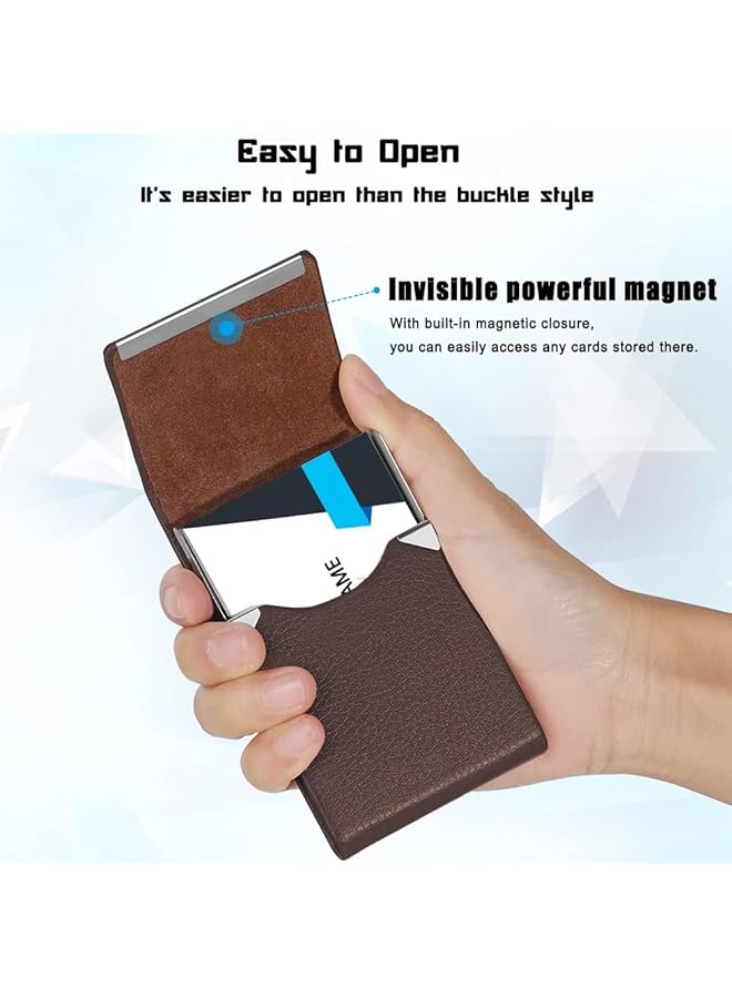X spring Business Card Holder Professional Pu Leather Magnetic Business Card Holder Metal Business Card Case Pocket Business Card Holder Wallet Blocking Name With Magnetic Clasp Brown - Image 4
