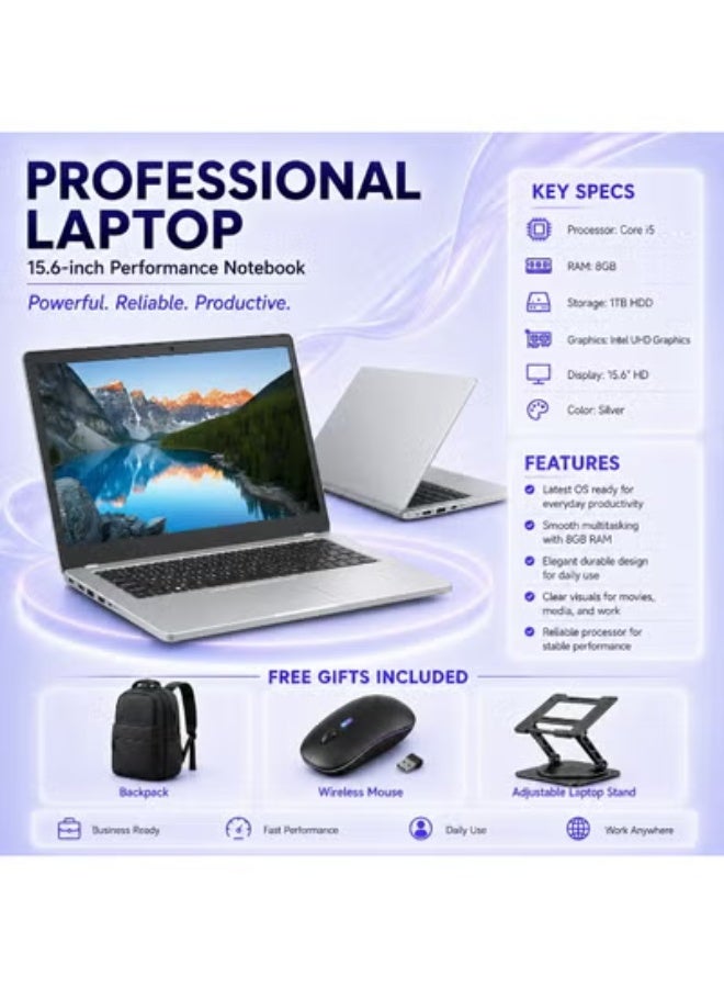 Laptop 15.6 Inch Display Core i5 Processor 8GB RAM 1TB HDD Integrated UHD Graphics with Backpack Wireless Mouse and Laptop Stand - Image 1