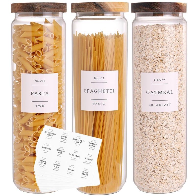 CZZGSM 3 Set Glass Pantry Storage Jars with Acacia Airtight Lid - 50oz Thicken Glass Kitchen Canisters with 132 Pantry Labels - Tall Food Storage Containers with Wood Lid for Pasta,Spaghetti,Cereal - Image 1