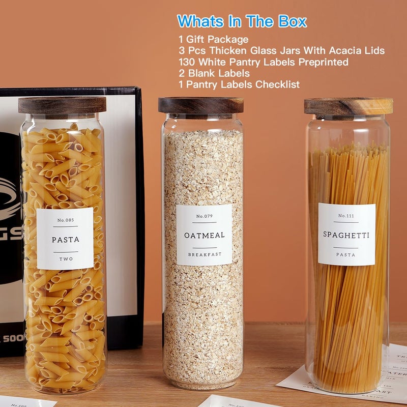 CZZGSM 3 Set Glass Pantry Storage Jars with Acacia Airtight Lid - 50oz Thicken Glass Kitchen Canisters with 132 Pantry Labels - Tall Food Storage Containers with Wood Lid for Pasta,Spaghetti,Cereal - Image 2