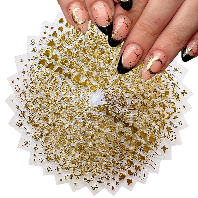 SPLOCUDU 30Sheets Gold Nail Art Stickers Star Line 3D Self Adhesive Nail Stickers for Nail Art Moon Stars Nail Decals Heart Nail for Women and Girls Manicure DIY Decoration - Image 1