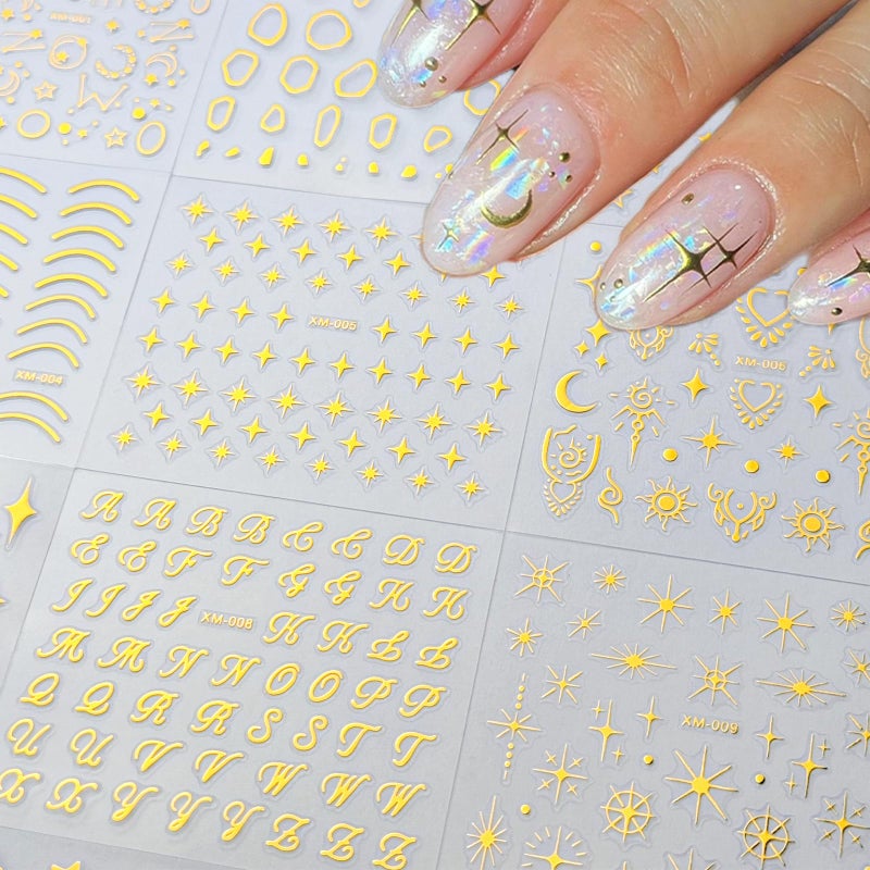 SPLOCUDU 30Sheets Gold Nail Art Stickers Star Line 3D Self Adhesive Nail Stickers for Nail Art Moon Stars Nail Decals Heart Nail for Women and Girls Manicure DIY Decoration - Image 4