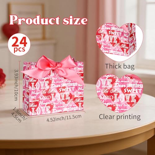 Nimbbex 24 Pack Small Valentines Gift Bags with Bow Ribbons, 4.5" X 1.8" X 3.9" Love Heart Valentines Bags, Mini Valentines Bags for Weddings, Holidays, Classroom, Valentine's Day Gift Giving - Image 3