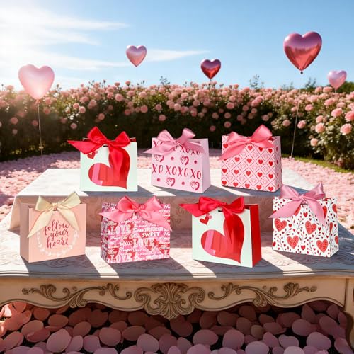 Nimbbex 24 Pack Small Valentines Gift Bags with Bow Ribbons, 4.5" X 1.8" X 3.9" Love Heart Valentines Bags, Mini Valentines Bags for Weddings, Holidays, Classroom, Valentine's Day Gift Giving - Image 2