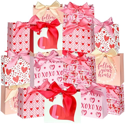 Nimbbex 24 Pack Small Valentines Gift Bags with Bow Ribbons, 4.5" X 1.8" X 3.9" Love Heart Valentines Bags, Mini Valentines Bags for Weddings, Holidays, Classroom, Valentine's Day Gift Giving - Image 1