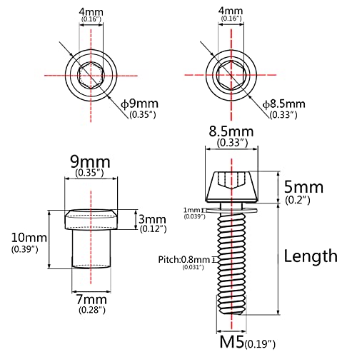 Wanyifa Titanium M5x16 18 20mm Bolt with Washer Hex Head Screw Steerer Clamp Nut for Bicycle Stem Front Forking Lock (Silver Taper Head, M5x20mm) - Image 2
