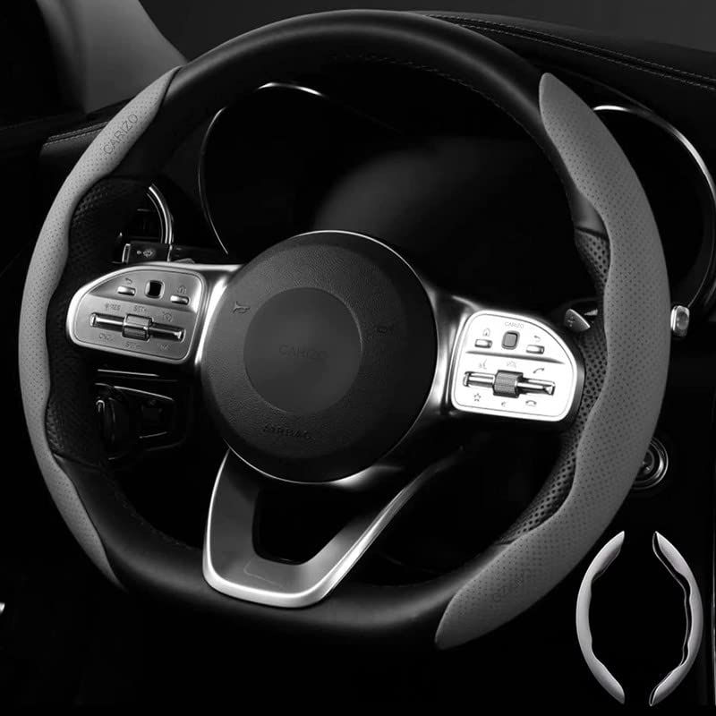 CARIZO Steering Wheel Cover Nappa Leather Grips (Grey) Breathable Odorless Non-Slip Car Accessory with Pressure Holes Compatible with BYD ATTO 3 (2023) - Image 1