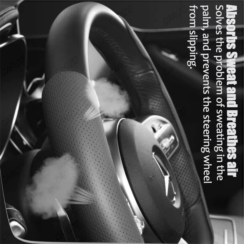 CARIZO Steering Wheel Cover Nappa Leather Grips (Grey) Breathable Odorless Non-Slip Car Accessory with Pressure Holes Compatible with BYD ATTO 3 (2023) - Image 3