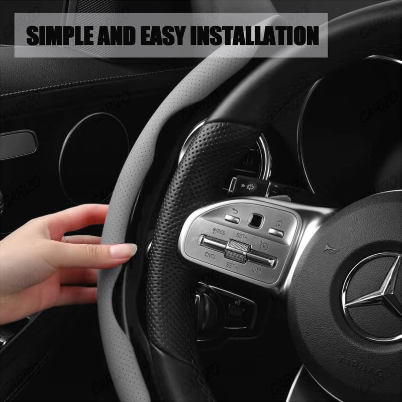 CARIZO Steering Wheel Cover Nappa Leather Grips (Grey) Breathable Odorless Non-Slip Car Accessory with Pressure Holes Compatible with BYD ATTO 3 (2023) - Image 4