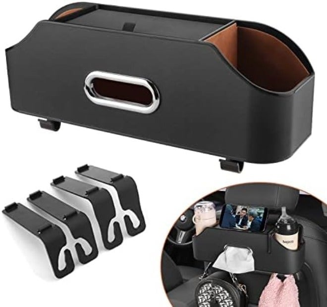 HALOYIVGO Car Seat Back Organizer - Stylish & Functional Storage for Family Adventures - Cup Holders, Tissue Box & Hooks - Perfect for Kids, Road Trips & Travel (Beige) - Image 1