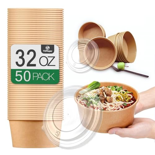 TOPtoper 50 Pcs 32 Oz Large Paper Bowls with Lids Disposable Soup Serving Bowls Bulk Party Supplies for HotCold Food Soup 32 OZ - Image 2