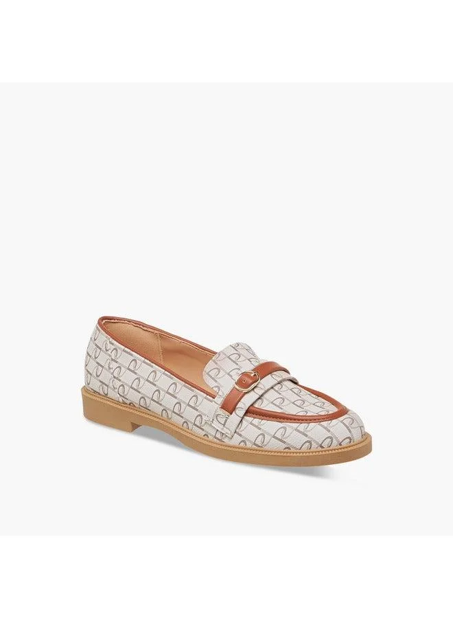 Women Monogram Print Slip-On Loafers with Buckle Accent