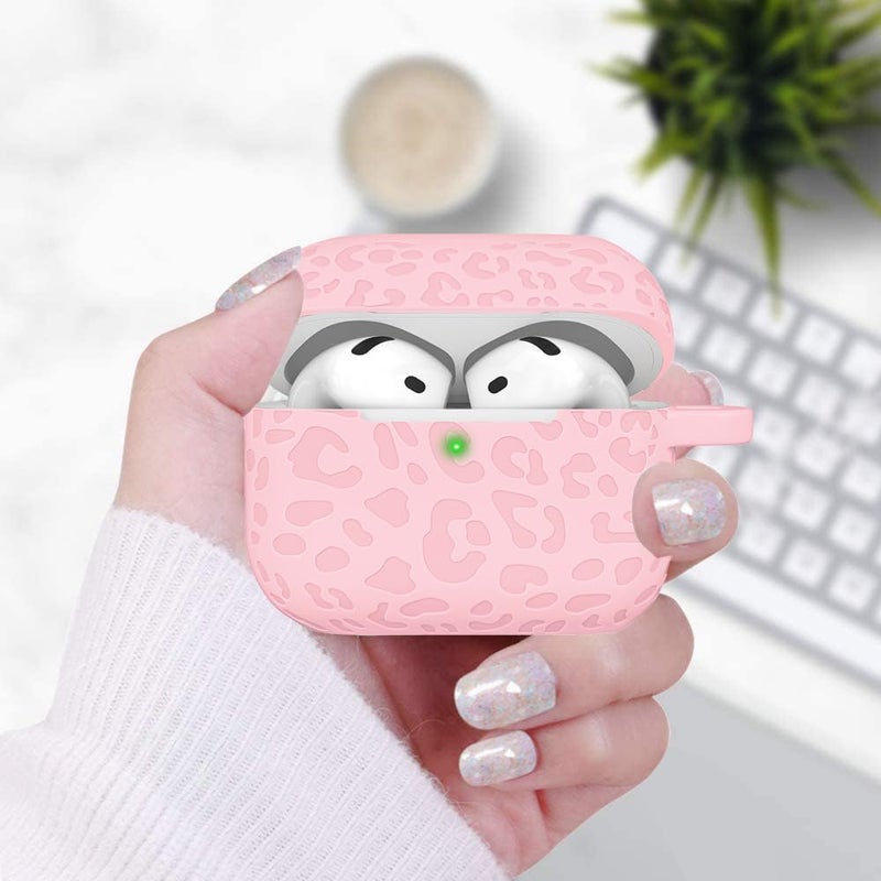 Gawnock Engraved Leopard Case Compatible with AirPods 4th Generation Carving Cover with Keychain, Skin Soft Cover for Compatible with AirPods 4 Case Full Protection,Front LED Visible, Pink - Image 3