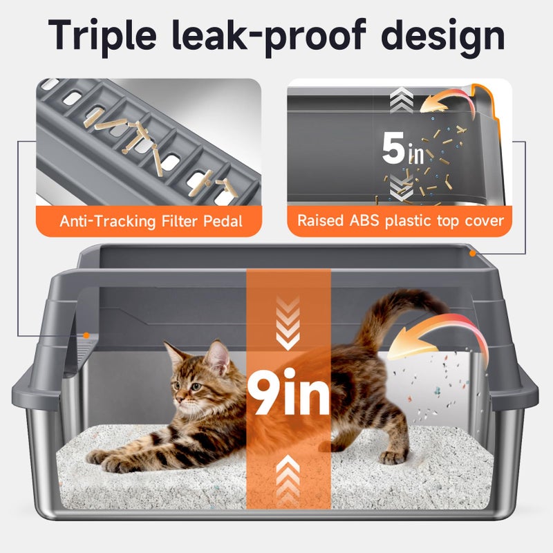 KISENG 2 Pack Stainless Steel Litter Box, XL Enclosed Cat Litter Boxes, Metal Litter Pan with High Sides Odor Free Non Sticky Easy Cleaning, Grey - Image 2