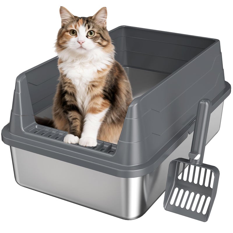 KISENG 2 Pack Stainless Steel Litter Box, XL Enclosed Cat Litter Boxes, Metal Litter Pan with High Sides Odor Free Non Sticky Easy Cleaning, Grey - Image 1
