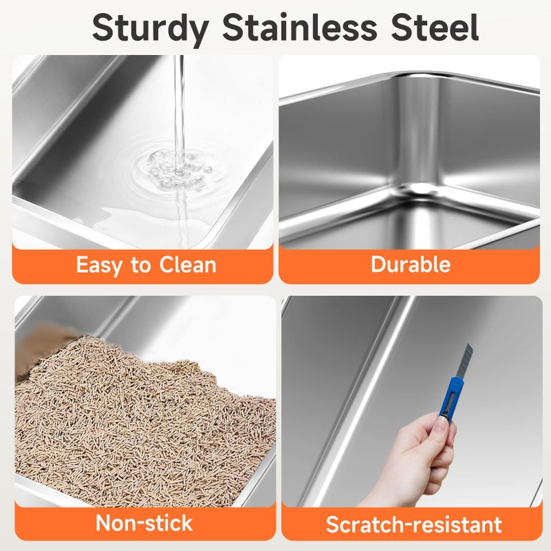 KISENG 2 Pack Stainless Steel Litter Box, XL Enclosed Cat Litter Boxes, Metal Litter Pan with High Sides Odor Free Non Sticky Easy Cleaning, Grey - Image 5