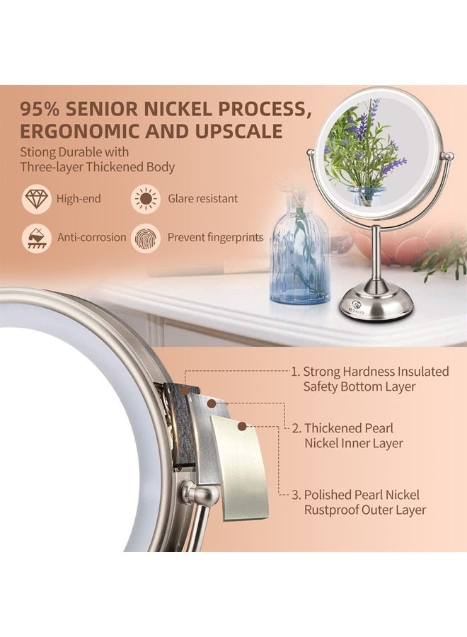 10" Extra Large and 17" Tall Lighted Makeup Mirror, 1X/5X Magnifying Vanity Mirror with 3 Colors Dimmable Light, 52 Premium LED Lights, 360° Rotation Table Mirror 2 Power Supply, Pearl Nickel