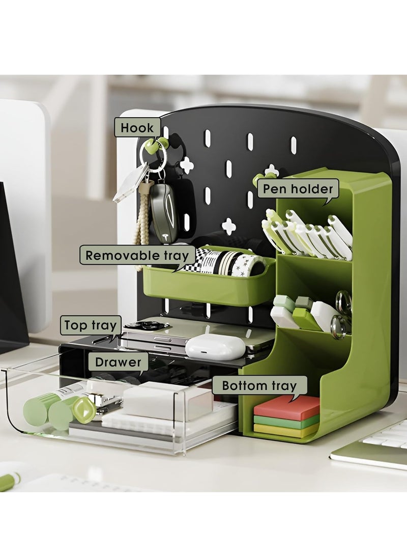 Desk Organizer Desktop Storage Organizer Pen Holder Cave Board Stand Organizer with Pegboard Hooks and 1 drawer Desktop Storage Rack for Office Supplies Home