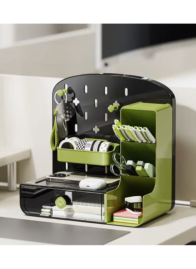 Desk Organizer Desktop Storage Organizer Pen Holder Cave Board Stand Organizer with Pegboard Hooks and 1 drawer Desktop Storage Rack for Office Supplies Home