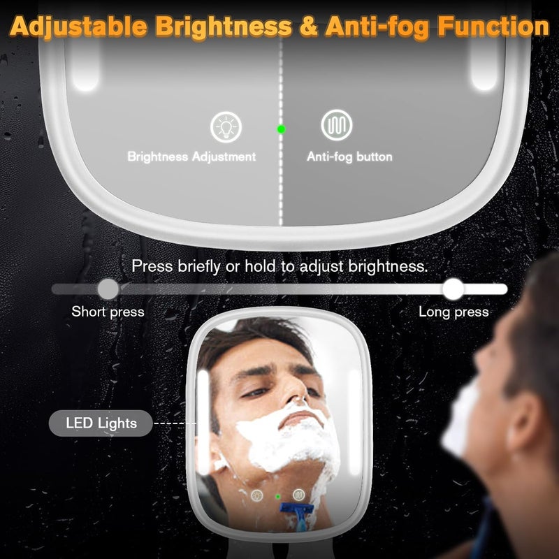 Showvigor Heated Shower Mirror Fogless for Men, Rechargeable Anti-Fog Shaving Mirror No-Drilling -Adjustable Dimmable Lights with 2 Razor Holders & Detachable Suction Cups Waterproof for Bathroom(White) - Image 5