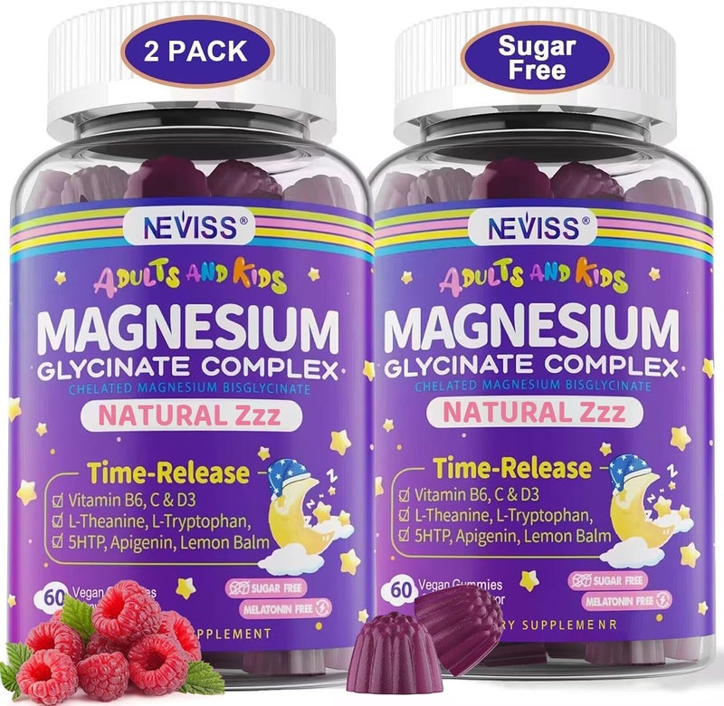 NEVISS Magnesium Glycinate Gummies for Adults  Kids 4 Sugar Free Magnesium Bisglycinate Supplement 400200mg with B6D3 5HTP LTheanine for Sleep  Relaxation Brain Muscle Melatonin Free Gummies2Pack - Image 1