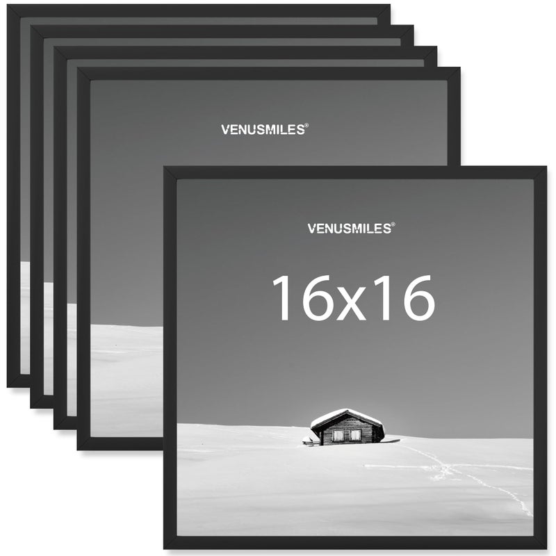 Venusmiles 16x16 inch Poster Frame, 16x16 Picture Frames Matted for 12x12 Photos, Artworks, Prints, Puzzle - Vertical and Horizontal Display - Wall Hanging PVC Photo Frame - Black, 5 Pack - Image 1