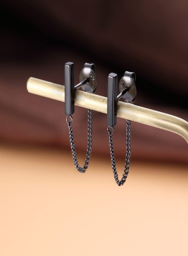 Reffeer 925 Sterling Silver Stud Earrings Minimalist Bar Earrings with Chain Dangle Earrings For Women (A-Black-3cm) - Image 5