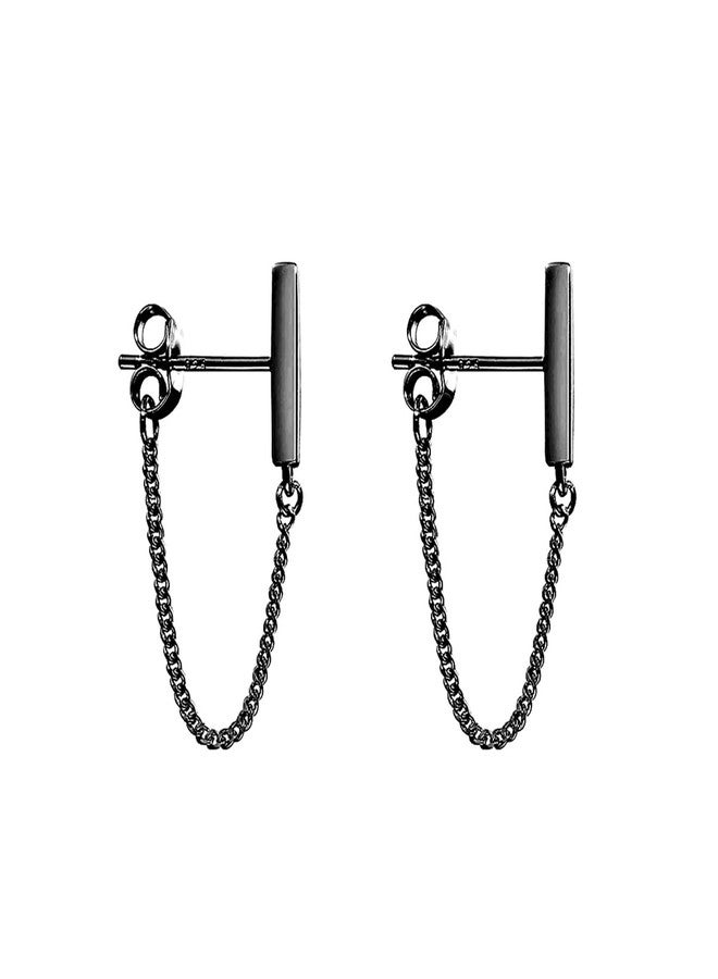 Reffeer 925 Sterling Silver Stud Earrings Minimalist Bar Earrings with Chain Dangle Earrings For Women (A-Black-3cm) - Image 1