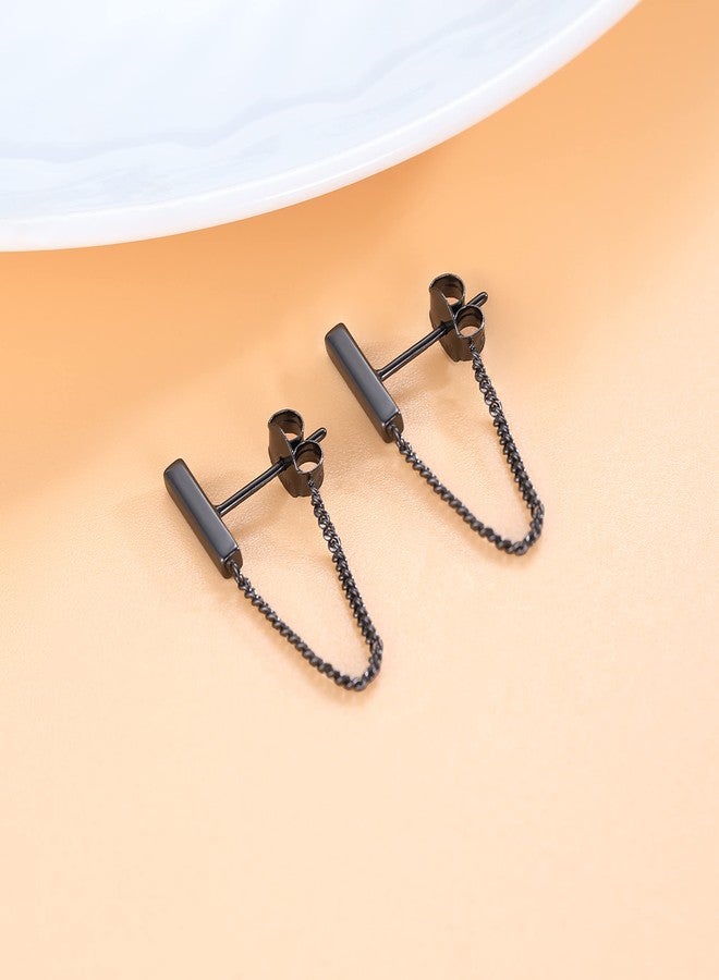 Reffeer 925 Sterling Silver Stud Earrings Minimalist Bar Earrings with Chain Dangle Earrings For Women (A-Black-3cm) - Image 4