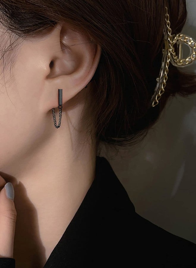 Reffeer 925 Sterling Silver Stud Earrings Minimalist Bar Earrings with Chain Dangle Earrings For Women (A-Black-3cm) - Image 3