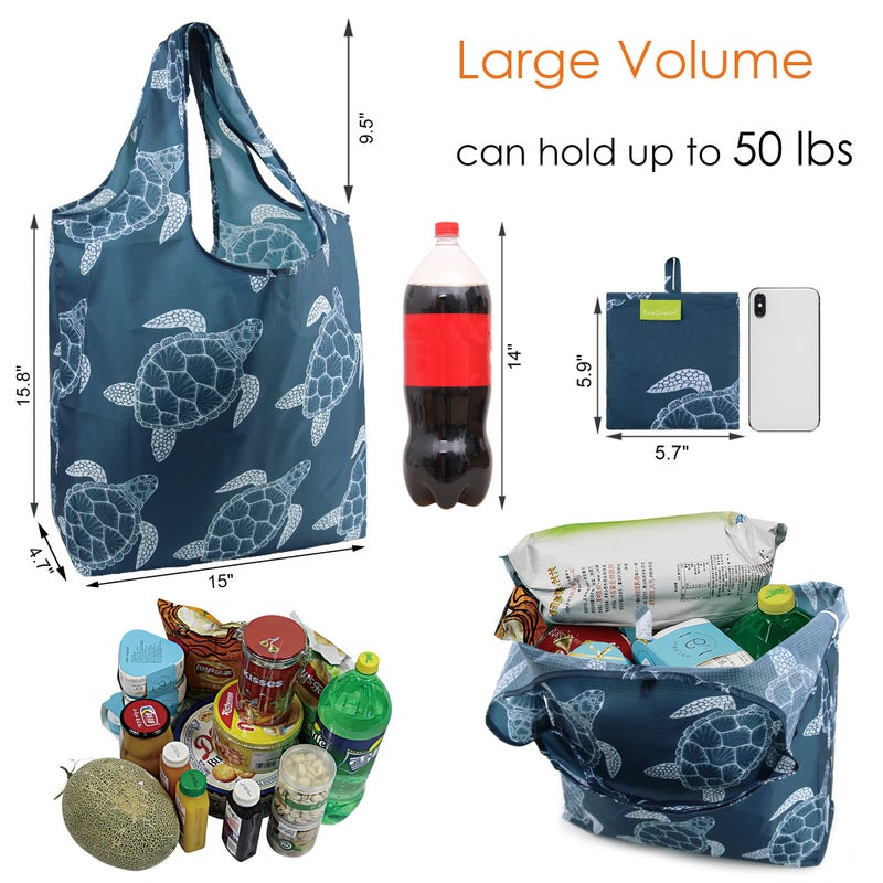 BeeGreen BeeGreen Turtle Gifts for Women Foldable Reusable Grocery Bags Shopping Bags for Groceries Cute Holiday Bags Cloth Bags With Handles Large Cloth Gift Bags Heavy Duty Bulk 6 Pack Gifts - Image 2