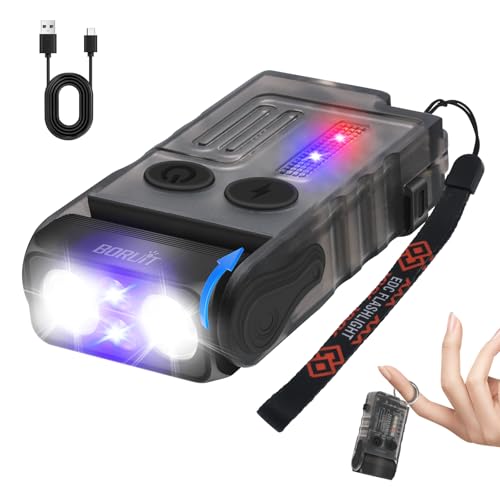 BORUIT V20 Small Flashlight EDC Flashlight with Clip,365nm UV,180°Head Swivels,Super Bright USB C Rechargeable Mini Pocket Keychain Flash Light,110DB Buzzer,with COB Light-13 Mode(Black UV Edition) - Image 1
