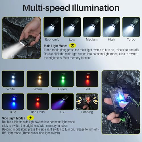 BORUIT V20 Small Flashlight EDC Flashlight with Clip,365nm UV,180°Head Swivels,Super Bright USB C Rechargeable Mini Pocket Keychain Flash Light,110DB Buzzer,with COB Light-13 Mode(Black UV Edition) - Image 2