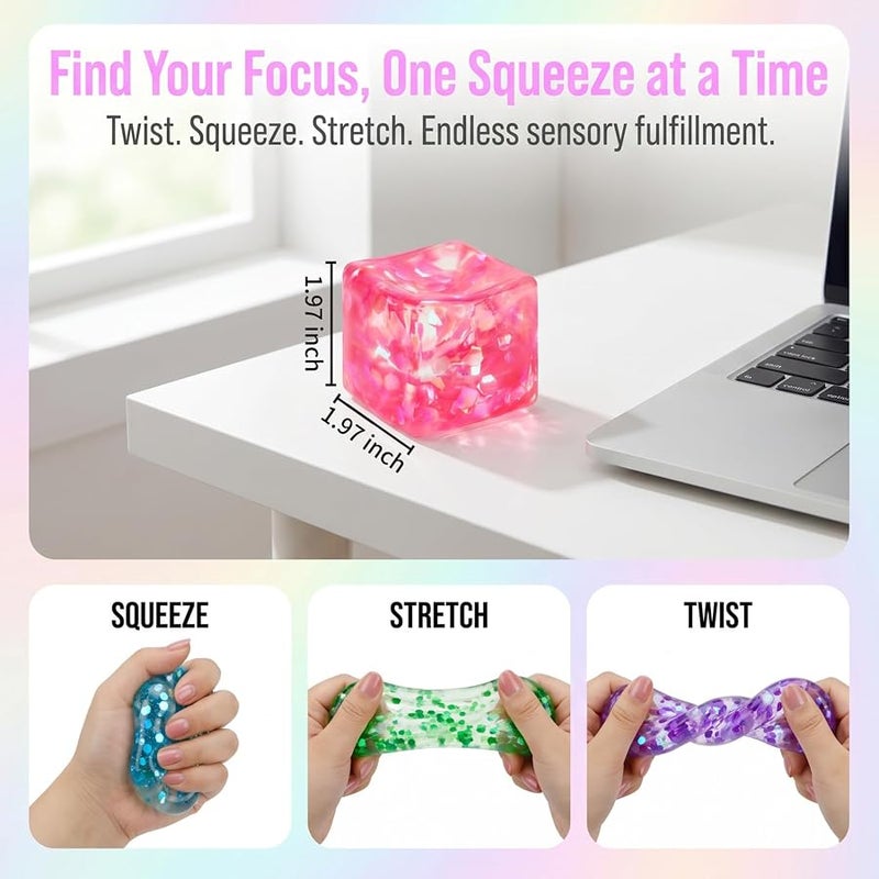 Siwarm 4 Pack Glitter Ice Cube Squishy, Slow Rising Stress Relief Toys, Square Stree Balls Fidget Toys for Adults Boys Girls, Squeeze Ball Sensory Toys for Kids with Autism, Party Favors Gifts - Image 2