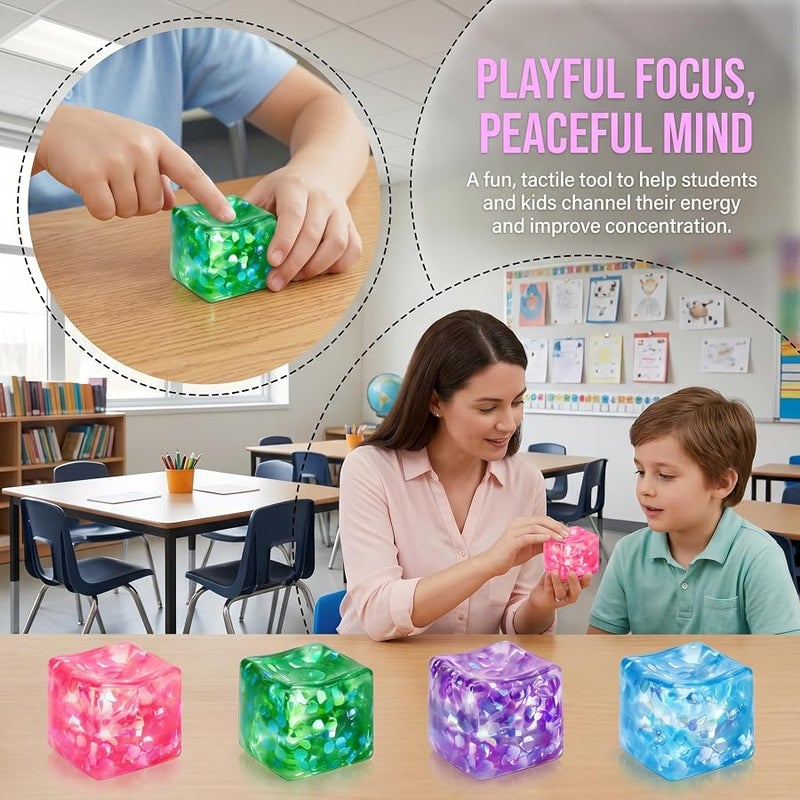 Siwarm 4 Pack Glitter Ice Cube Squishy, Slow Rising Stress Relief Toys, Square Stree Balls Fidget Toys for Adults Boys Girls, Squeeze Ball Sensory Toys for Kids with Autism, Party Favors Gifts - Image 4