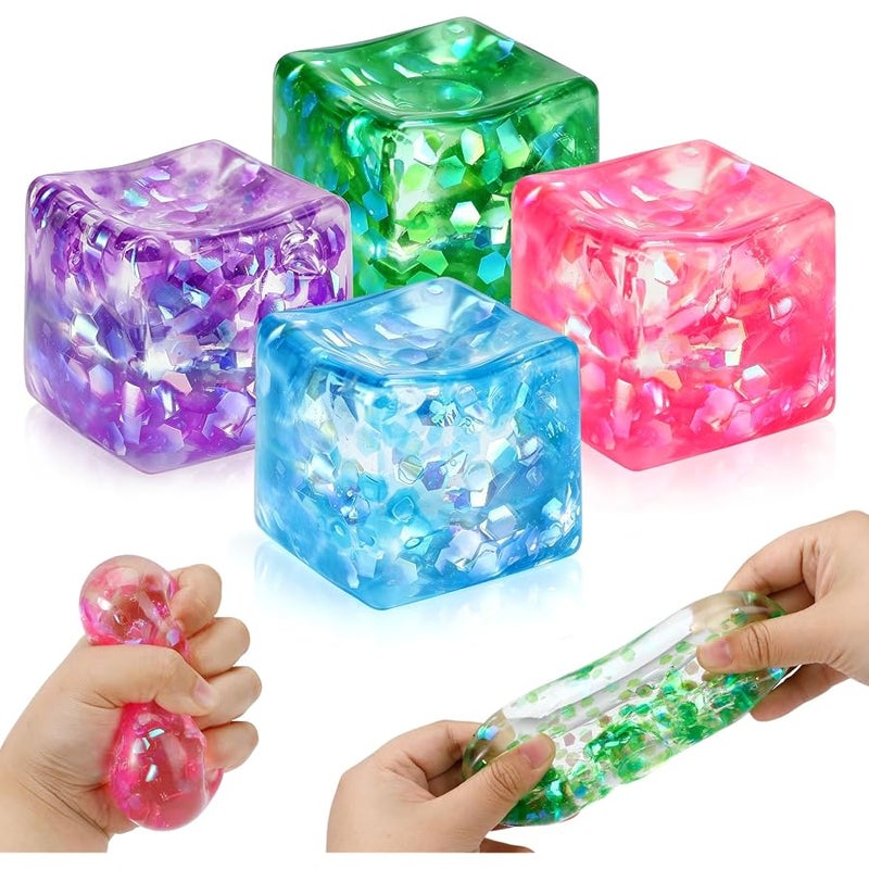 Siwarm 4 Pack Glitter Ice Cube Squishy, Slow Rising Stress Relief Toys, Square Stree Balls Fidget Toys for Adults Boys Girls, Squeeze Ball Sensory Toys for Kids with Autism, Party Favors Gifts - Image 1