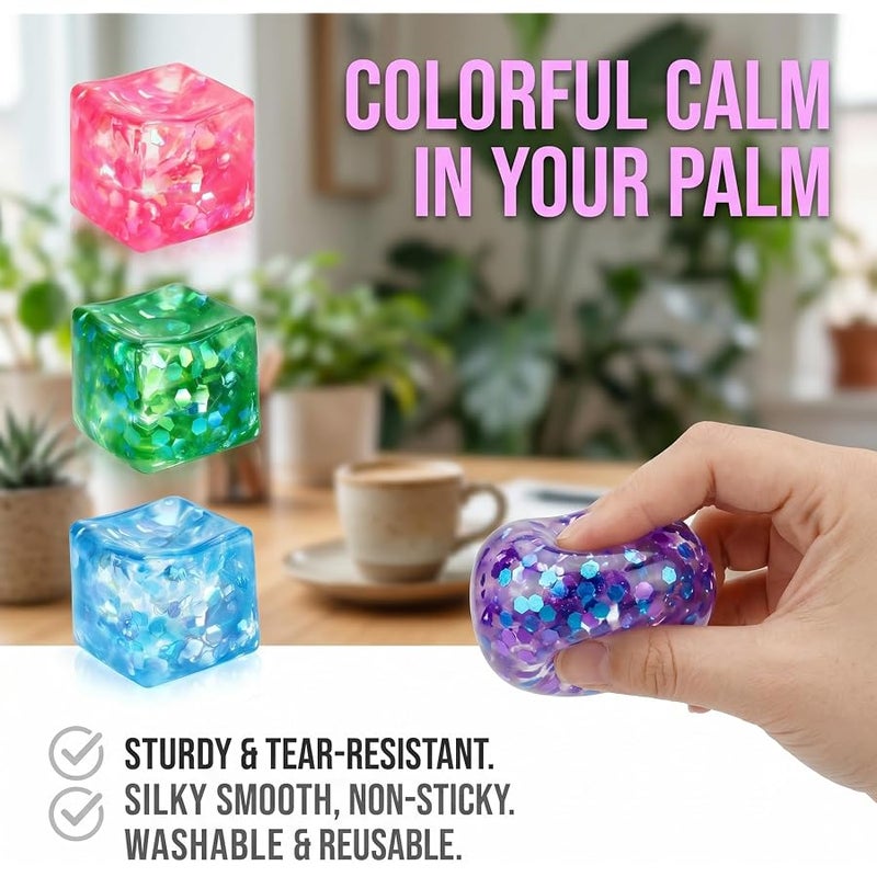 Siwarm 4 Pack Glitter Ice Cube Squishy, Slow Rising Stress Relief Toys, Square Stree Balls Fidget Toys for Adults Boys Girls, Squeeze Ball Sensory Toys for Kids with Autism, Party Favors Gifts - Image 3