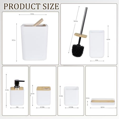 CERBIOR Bathroom Accessories Set 6 Piece Bamboo Bath Ensemble Includes Soap Dispenser, Toothbrush Holder, Toothbrush Cup, Soap Dish for Decorative Countertop and Housewarming Gift (White) - Image 4