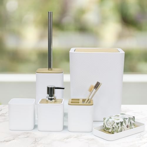CERBIOR Bathroom Accessories Set 6 Piece Bamboo Bath Ensemble Includes Soap Dispenser, Toothbrush Holder, Toothbrush Cup, Soap Dish for Decorative Countertop and Housewarming Gift (White) - Image 5
