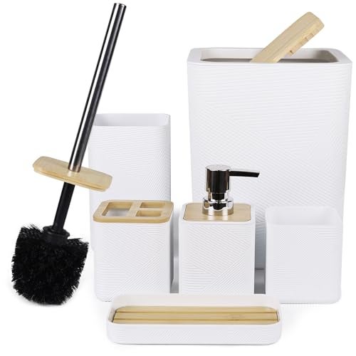 CERBIOR Bathroom Accessories Set 6 Piece Bamboo Bath Ensemble Includes Soap Dispenser, Toothbrush Holder, Toothbrush Cup, Soap Dish for Decorative Countertop and Housewarming Gift (White) - Image 1